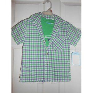 Ellemenno Boys 3 pc Set Button Down Shirt Tee Shirt Shorts Green Plaid 12 Months